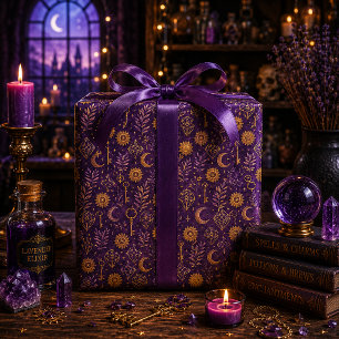 Mystieke Gouden Kristal Maan Sleutel Diep Paars Cadeaupapier