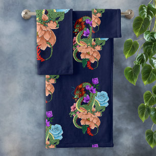 Mystieke Groene Chinese Draak Bloemig Marineblauw Bad Handdoek