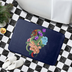 Mystieke Groene Chinese Draak Bloemig Marineblauw Badmat