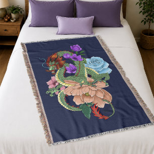 Mystieke Groene Chinese Draak Bloemig Marineblauw Deken