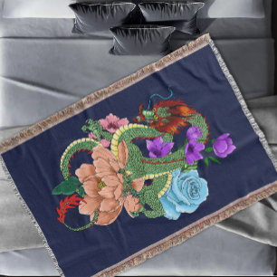Mystieke Groene Chinese Draak Bloemig Marineblauw Deken