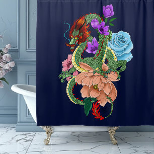 Mystieke Groene Chinese Draak Bloemig Marineblauw Douchegordijn