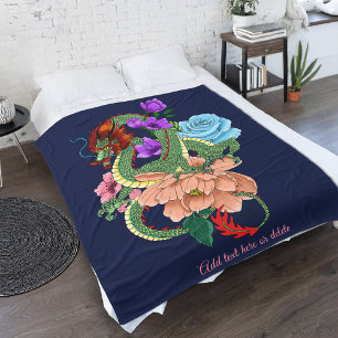 Mystieke Groene Chinese Draak Bloemig Marineblauw Fleece Deken