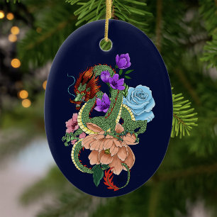 Mystieke Groene Chinese Draak Bloemig Marineblauw Keramisch Ornament
