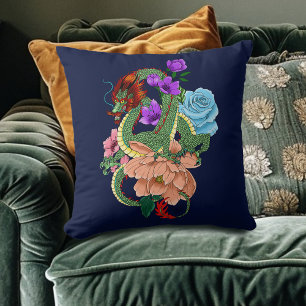 Mystieke Groene Chinese Draak Bloemig Marineblauw Kussen