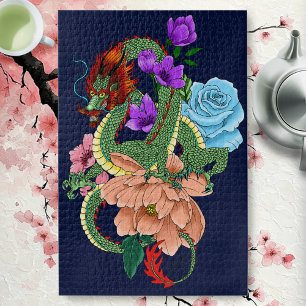 Mystieke Groene Chinese Draak Bloemig Marineblauw Legpuzzel