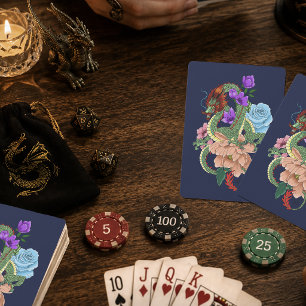 Mystieke Groene Chinese Draak Bloemig Marineblauw Pokerkaarten
