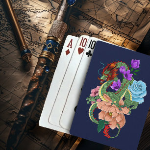 Mystieke Groene Chinese Draak Bloemig Marineblauw Pokerkaarten