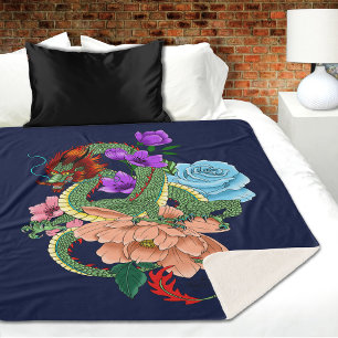 Mystieke Groene Chinese Draak Bloemig Marineblauw Sherpa Deken