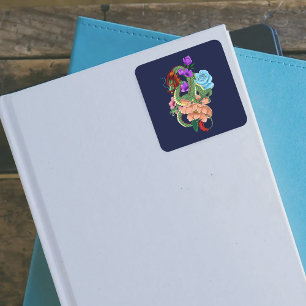 Mystieke Groene Chinese Draak Bloemig Marineblauw Vierkante Sticker