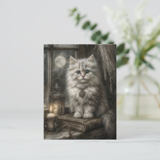 Mystieke Halloween Schattigee Tabby Cat met kaarsl Briefkaart (Staand voorkant)