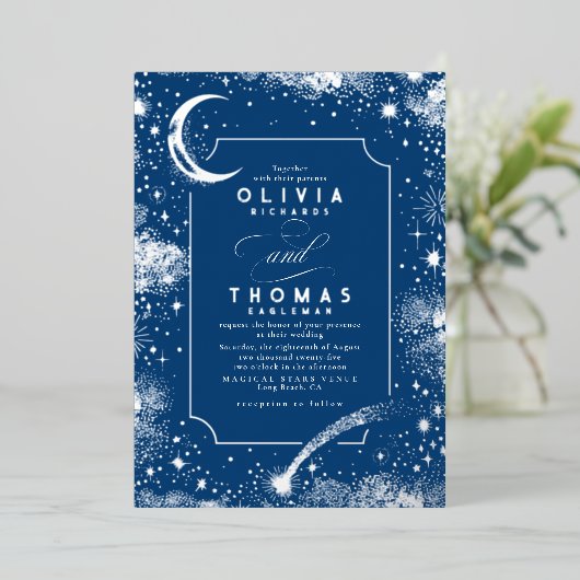 Mystieke Halve Maan Sterrennacht Boho Bruiloft Folie Uitnodiging (Staand Voorkant)
