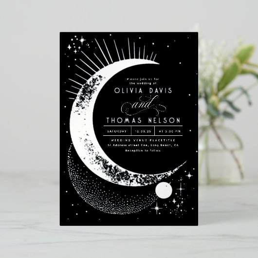 Mystieke Halve Maan Sterrennacht Boho Bruiloft Folie Uitnodiging (Staand Voorkant)