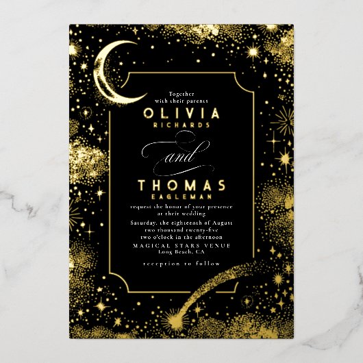 Mystieke Halve Maan Sterrennacht Boho Bruiloft Folie Uitnodiging (Voorkant)