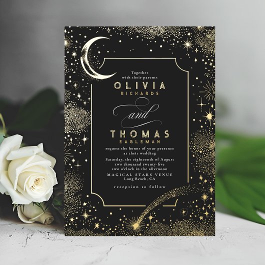 Mystieke Halve Maan Sterrennacht Boho Bruiloft Folie Uitnodiging