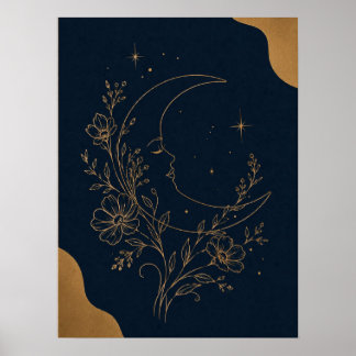 Mystieke Halvemaan Gezicht en Gouden Hemelse W Poster