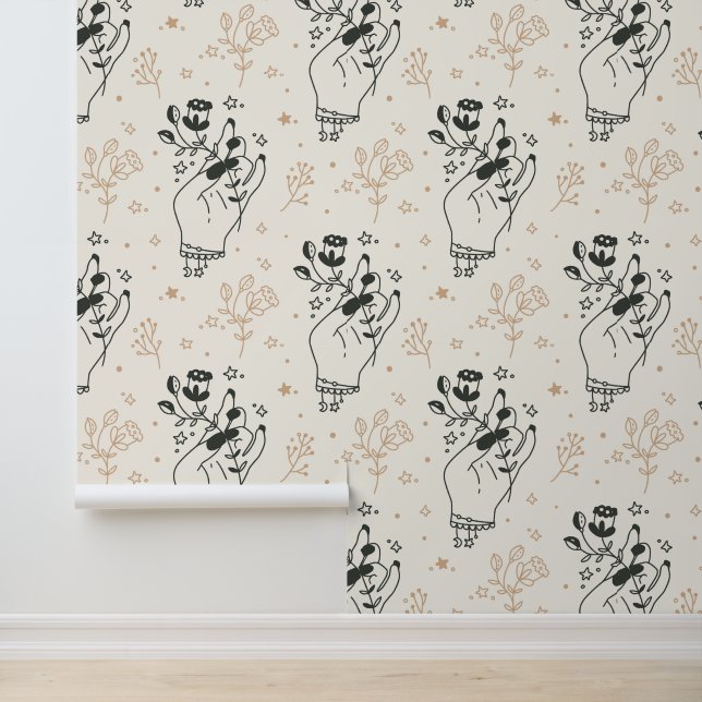 Mystieke Hand Bloem Celestial Patroon Crème Behang (Applicatie)