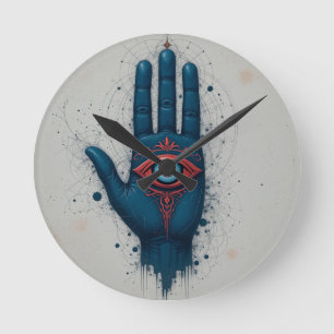Mystieke handillustratie met rood oog ronde klok