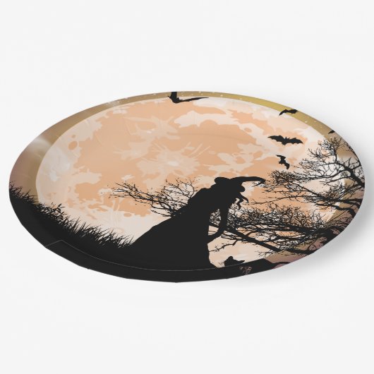 Mystieke heks en kat volle maan papieren bordje (Gekanteld)