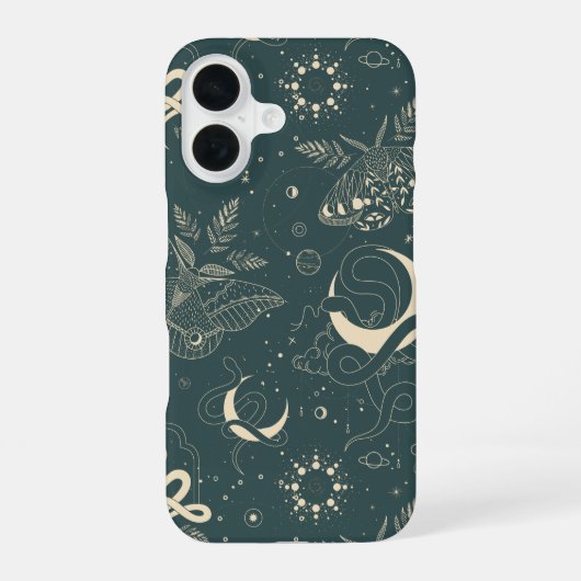 Mystieke Hemelnacht Mot & Slang Patroon iPhone 16 Hoesje (Achterkant)