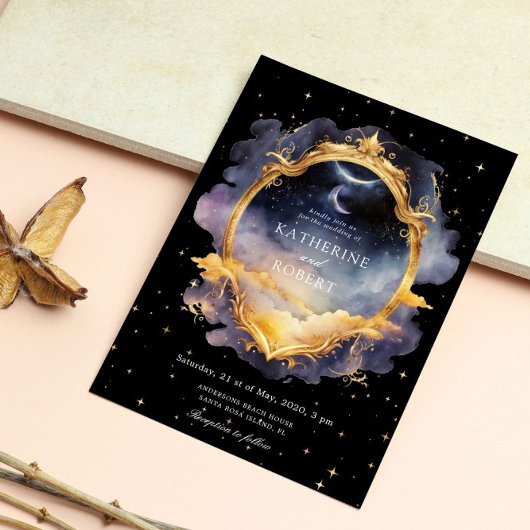 Mystieke hemelse blauw goud bruiloft uitnodiging