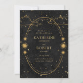 Mystieke Hemelse Gouden Maan Sterren Zwarte Huweli Kaart (Voorkant)