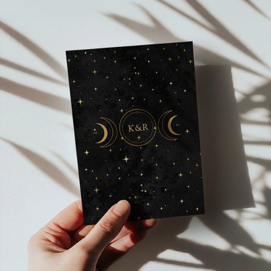 Mystieke Hemelse Gouden Maan Sterren Zwarte Huweli Kaart