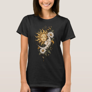 Mystieke Hemelse Zon Maan en Bloem Grafische Kunst T-shirt