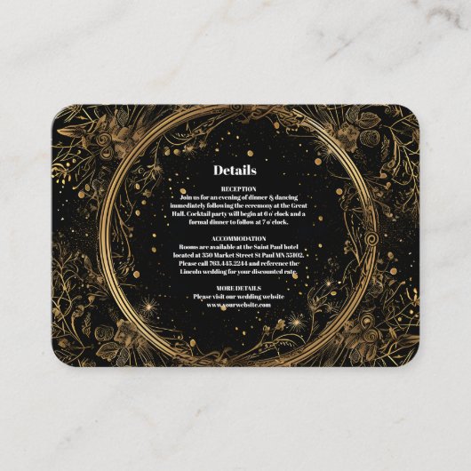 Mystieke Hemelse Zwart en Gouden Bruiloft Informatiekaartje (Voorkant)