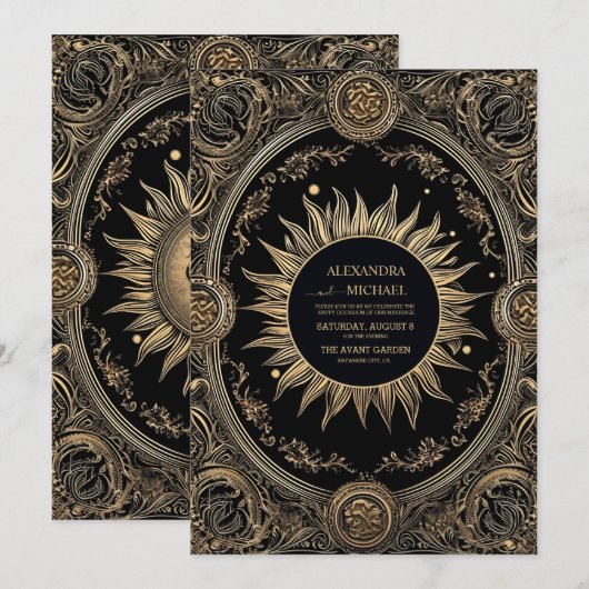 Mystieke Hemelse Zwart en Gouden Bruiloft Kaart (Voorkant / Achterkant)