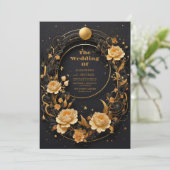 Mystieke Hemelse Zwart en Gouden Bruiloft Kaart (Staand voorkant)