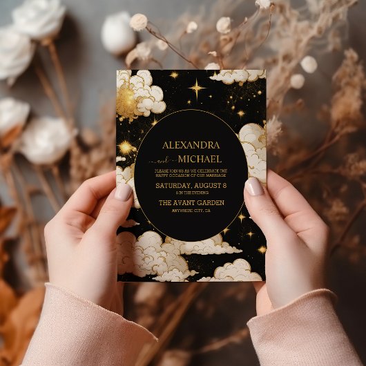 Mystieke Hemelse Zwart en Gouden Bruiloft Kaart