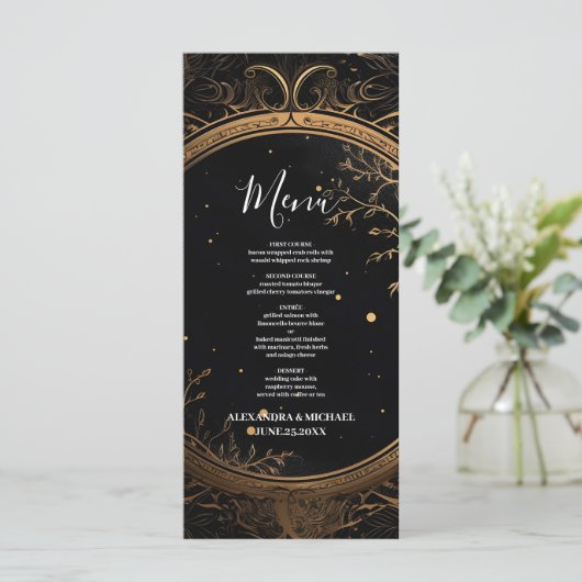 Mystieke Hemelse Zwart en Gouden Bruiloft Menu (Staand voorkant)