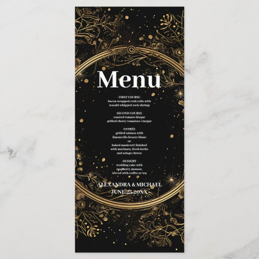 Mystieke Hemelse Zwart en Gouden Bruiloft Menu (Voorkant)