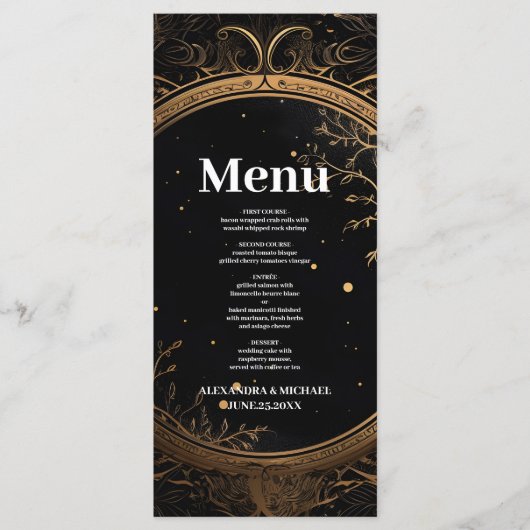 Mystieke Hemelse Zwart en Gouden Bruiloft Menu (Voorkant)