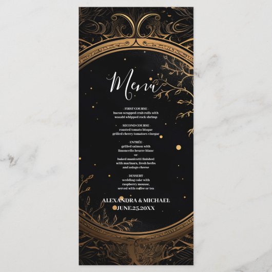 Mystieke Hemelse Zwarte en Gouden Bruiloft Menu (Voorkant)