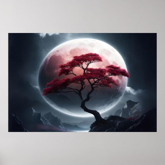 Mystieke Japanse Stijl Roze Boom Poster (Voorkant)
