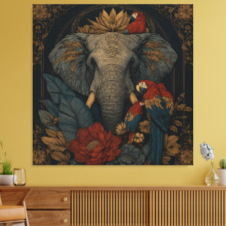Mystieke Jungle Olifant & Papegaai Canvas Wandkuns Afdruk