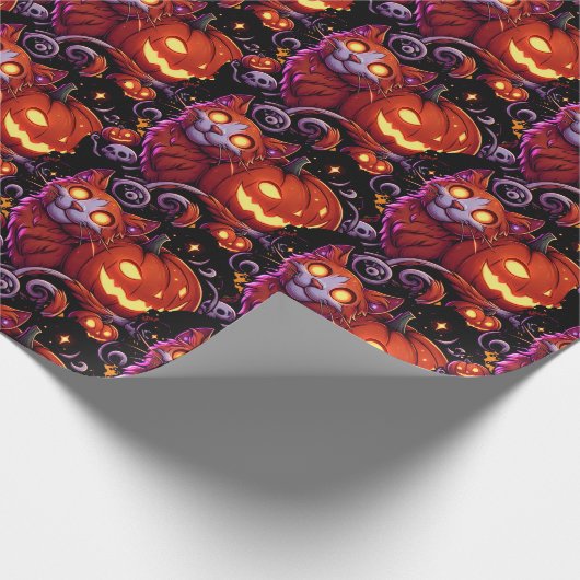 Mystieke kat en gloeiende pompoenen cadeaupapier (Hoek)