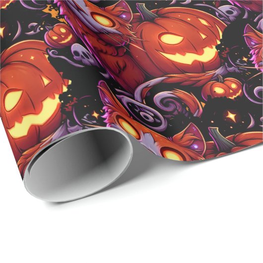 Mystieke kat en gloeiende pompoenen cadeaupapier (Rol Hoek)
