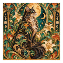Mystieke kat en maan Art Nouveau-poster