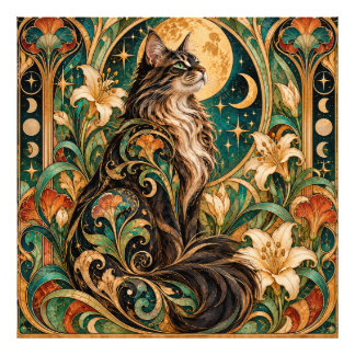 Mystieke kat en maan Art Nouveau-poster Foto Afdruk