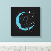 Mystieke kat in blauwe maan nachtelijke hemel canvas afdruk (Insitu (Houten vloer))