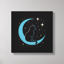 Mystieke kat in blauwe maan nachtelijke hemel canvas afdruk