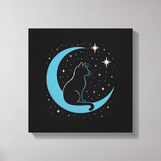 Mystieke kat in blauwe maan nachtelijke hemel canvas afdruk (Voorkant)