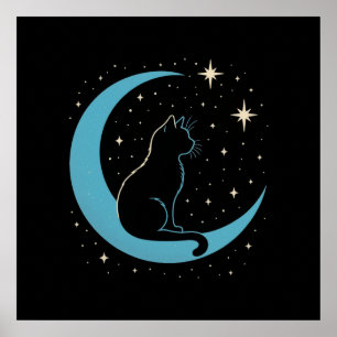 Mystieke kat in blauwe maannachtelijke hemel poster