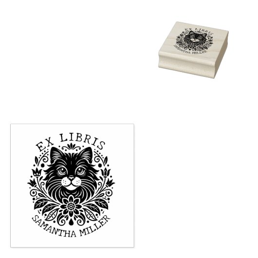 Mystieke kat met bloemen Boek Ex Libris Rubberstempel (Gestempeld)