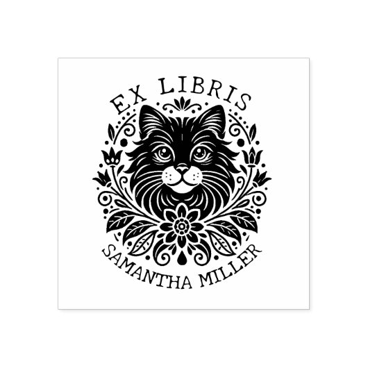 Mystieke kat met bloemen Boek Ex Libris Rubberstempel (Afrduk)