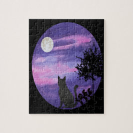 Mystieke Kat Onder Maan – Dromerige Paarse Nacht W Legpuzzel