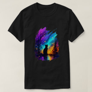 Mystieke Kattensilhouet Noorderlicht Zwart T-shirt